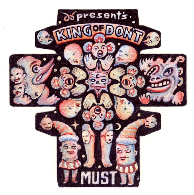 King of don`t, 2014, Farbstift Rot/Blau, Kugelschreiber, Deckweiss auf Maggiwürfelpackungsabwicklung, 16x17cm